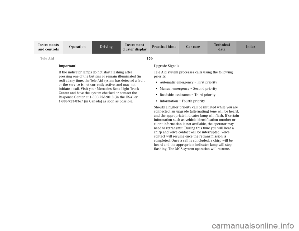 MERCEDES-BENZ ML430 1997  Complete Repair Manual 156 Tele Aid
Te ch n ica l
data Instruments 
and controlsOperationDrivingInstrument 
cluster displayPractical hints Car care Index
Important!
If the indicator lamps do not start flashing after 
pressi