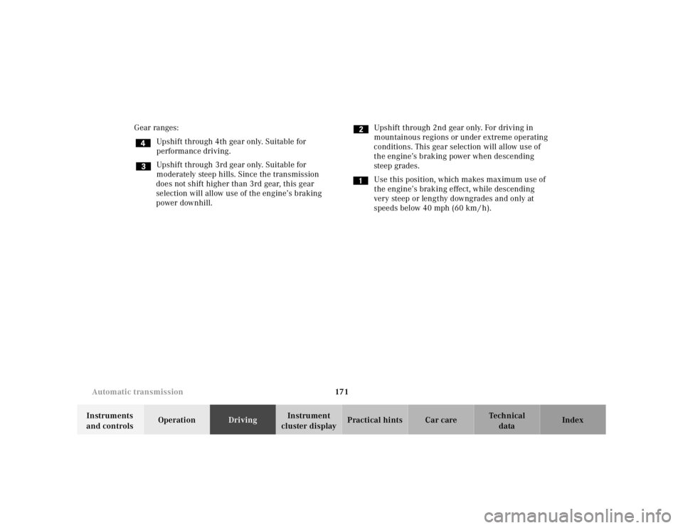 MERCEDES-BENZ ML430 1997  Complete Repair Manual 171 Automatic transmission
Te ch n ica l
data Instruments 
and controlsOperationDrivingInstrument 
cluster displayPractical hints Car care Index Gear ranges:
Upshift through 4th gear only. Suitable fo