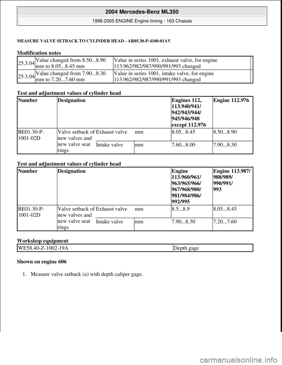 MERCEDES-BENZ ML430 1997  Complete Repair Manual MEASURE VALVE SETBACK TO CYLI NDER HEAD - AR05.30-P-4100-01AV
Modification notes  
Test and adjustment values of cylinder head    
Test and adjustment values of cylinder head    
Workshop equipment   