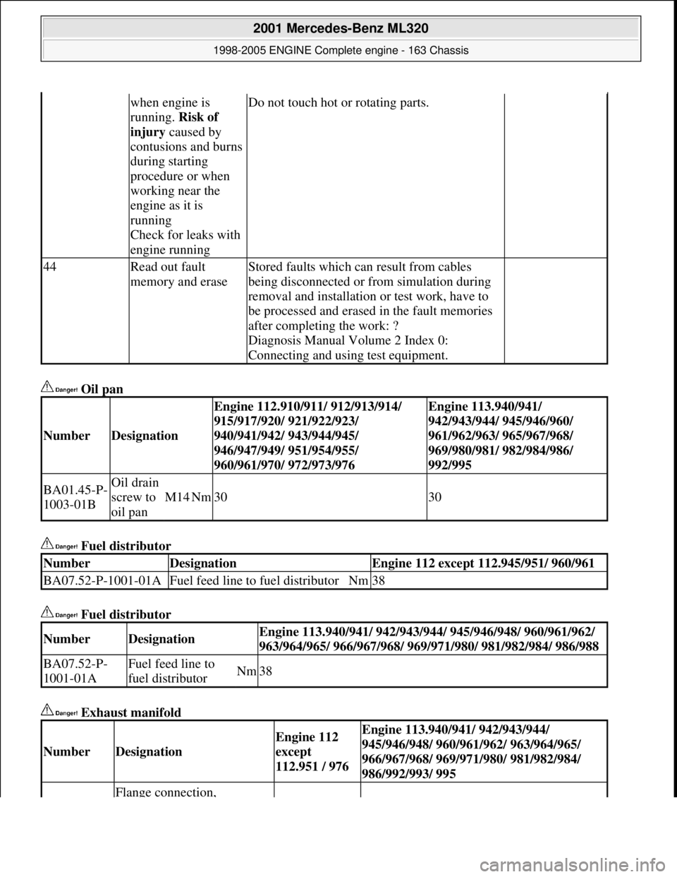 MERCEDES-BENZ ML430 1997  Complete Repair Manual  Oil pan   
 Fuel distributor    
 Fuel distributor    
 Exhaust manifold   
when engine is  
running.   Risk of  
injury   caused by  
contusions and burns  
during starting 
procedure or when  
work