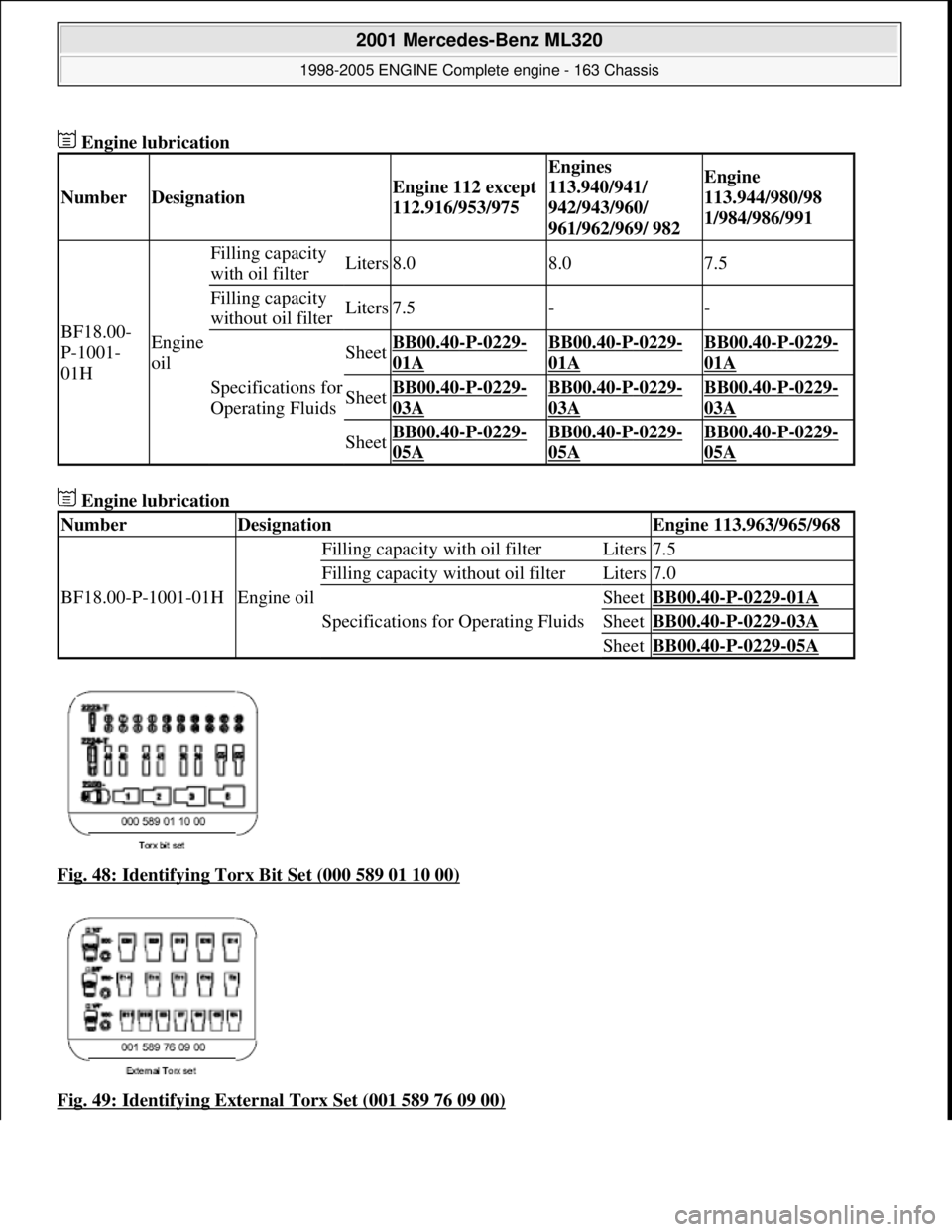 MERCEDES-BENZ ML430 1997  Complete Repair Manual  Engine lubrication   
 Engine lubrication    
Fig. 48: Identifying Torx Bit Set (000 589 01 10 00)
  
Fig. 49: Identifying External Torx Set (001 589 76 09 00)
NumberDesignationEngine 112 except  
11