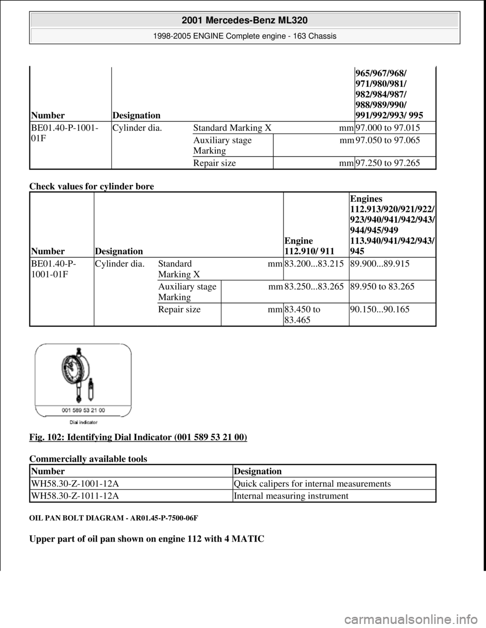 MERCEDES-BENZ ML430 1997 Complete Repair Manual Check values for cylinder bore
Fig. 102: Identifying Dial Indicator (001 589 53 21 00)
Commercially available tools
OIL PAN BOLT DIAGRAM - AR01.45-P-7500-06F
Upper part of oil pan shown on e MERCEDES-BENZ ML430 1997 Complete Repair Manual Check values for cylinder bore
Fig. 102: Identifying Dial Indicator (001 589 53 21 00)
Commercially available tools
OIL PAN BOLT DIAGRAM - AR01.45-P-7500-06F
Upper part of oil pan shown on e