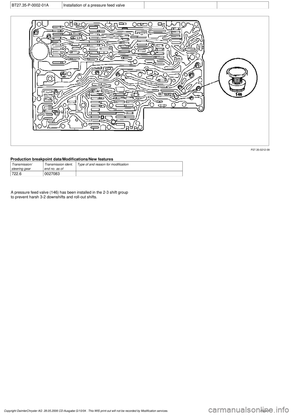 MERCEDES-BENZ ML430 1997  Complete Repair Manual 
 BT27.35-P-0002-01A
Installation of a pressure feed valve

P27.35-0212-09

Production breakpoint data/Modifications/New features

Transmission/

steering gear

Transmission ident. 

end no. as of
Typ