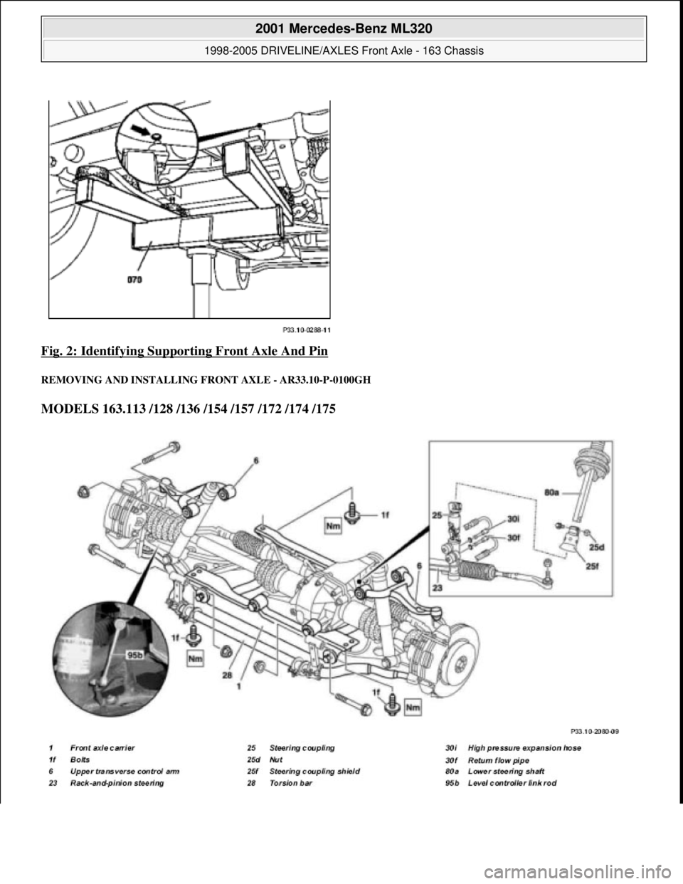 MERCEDES-BENZ ML430 1997  Complete Repair Manual Fig. 2: Identifying Supporting Front Axle And Pin 
REMOVING AND IN STALLING FRONT AXLE - AR33.10-P-0100GH 
MODELS 163.113 /128 /136 /154 /157 /172 /174 /175   
 
2001 Mercedes-Benz ML320 
1998-2005 DR