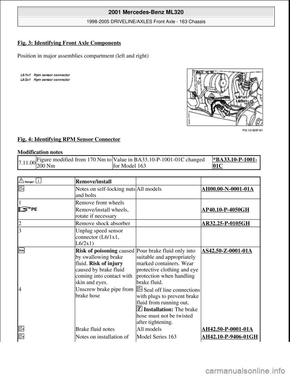 MERCEDES-BENZ ML430 1997  Complete Repair Manual Fig. 3: Identifying Front Axle Components
Position in major assemblies compartment (left and right) 
Fig. 4: Identifying RPM Sensor Connector
 
Modification notes 
7.11.00Figure modified from 170 Nm t