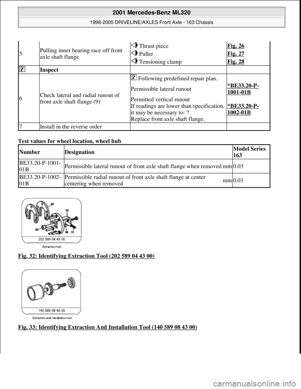 MERCEDES-BENZ ML430 1997 Complete Repair Manual Test values for wheel location, wheel hub
Fig. 32: Identifying Extraction Tool (202 589 04 43 00)
Fig. 33: Identifying Extraction A nd Installation Tool (140 589 08 43 00)
5Pulling inner bearin MERCEDES-BENZ ML430 1997 Complete Repair Manual Test values for wheel location, wheel hub
Fig. 32: Identifying Extraction Tool (202 589 04 43 00)
Fig. 33: Identifying Extraction A nd Installation Tool (140 589 08 43 00)
5Pulling inner bearin