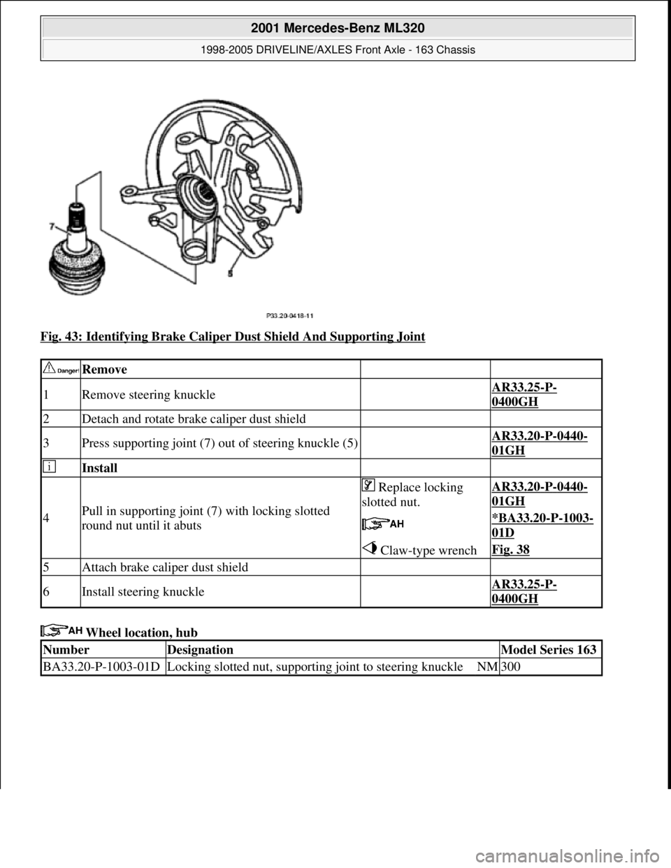 MERCEDES-BENZ ML430 1997 Complete Repair Manual Fig. 43: Identifying Brake Caliper Dust Shield And Supporting Joint
Wheel location, hub
Remove
1Remove steering knuckle AR33.25-P-
0400GH
2Detach and rotate brake caliper dust shield
3Press s MERCEDES-BENZ ML430 1997 Complete Repair Manual Fig. 43: Identifying Brake Caliper Dust Shield And Supporting Joint
Wheel location, hub
Remove
1Remove steering knuckle AR33.25-P-
0400GH
2Detach and rotate brake caliper dust shield
3Press s