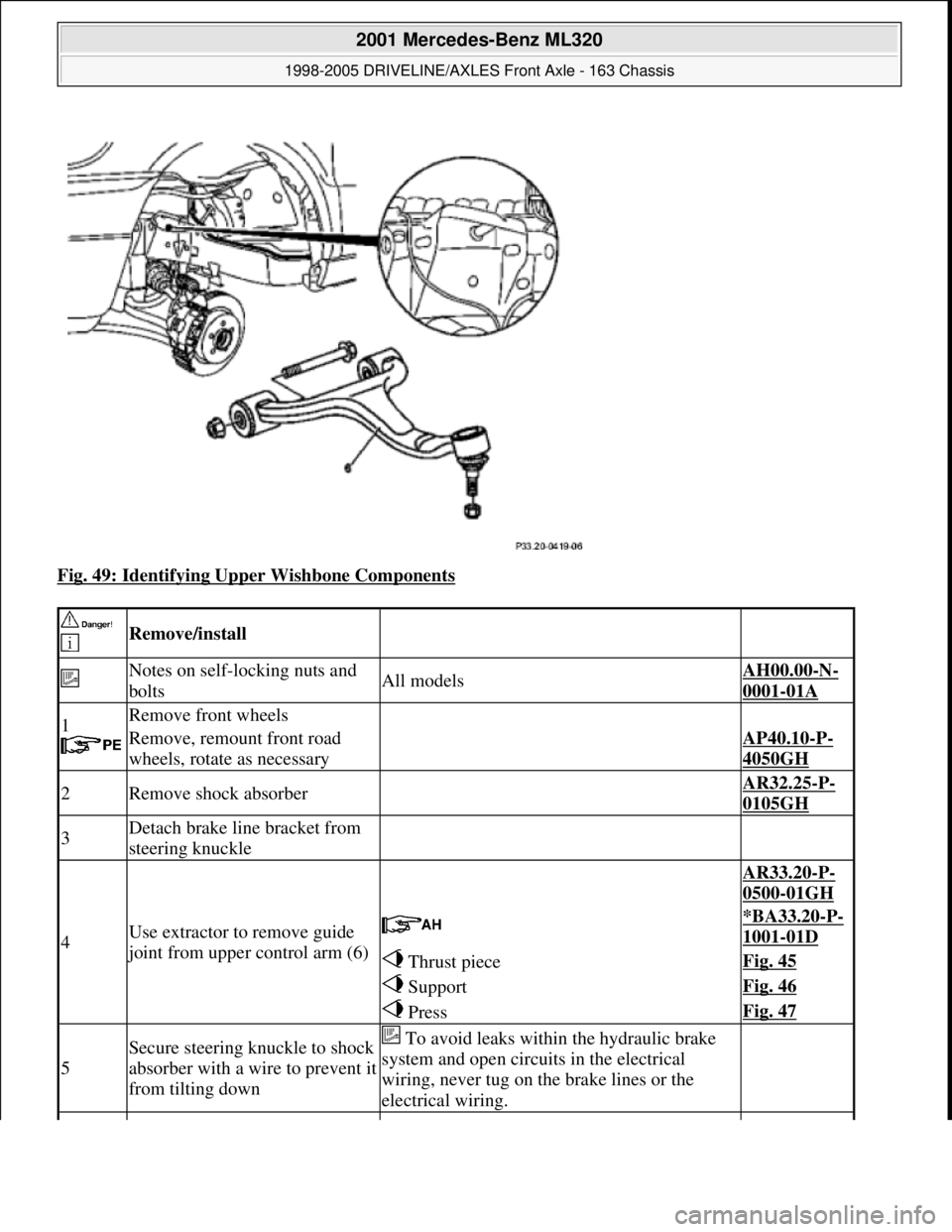 MERCEDES-BENZ ML430 1997 Complete Repair Manual Fig. 49: Identifying Upper Wishbone Components
Remove/install
Notes on self-locking nuts and
boltsAll modelsAH00.00-N-
0001-01A
1
Remove front wheels
Remove, remount front road
wheels MERCEDES-BENZ ML430 1997 Complete Repair Manual Fig. 49: Identifying Upper Wishbone Components
Remove/install
Notes on self-locking nuts and
boltsAll modelsAH00.00-N-
0001-01A
1
Remove front wheels
Remove, remount front road
wheels