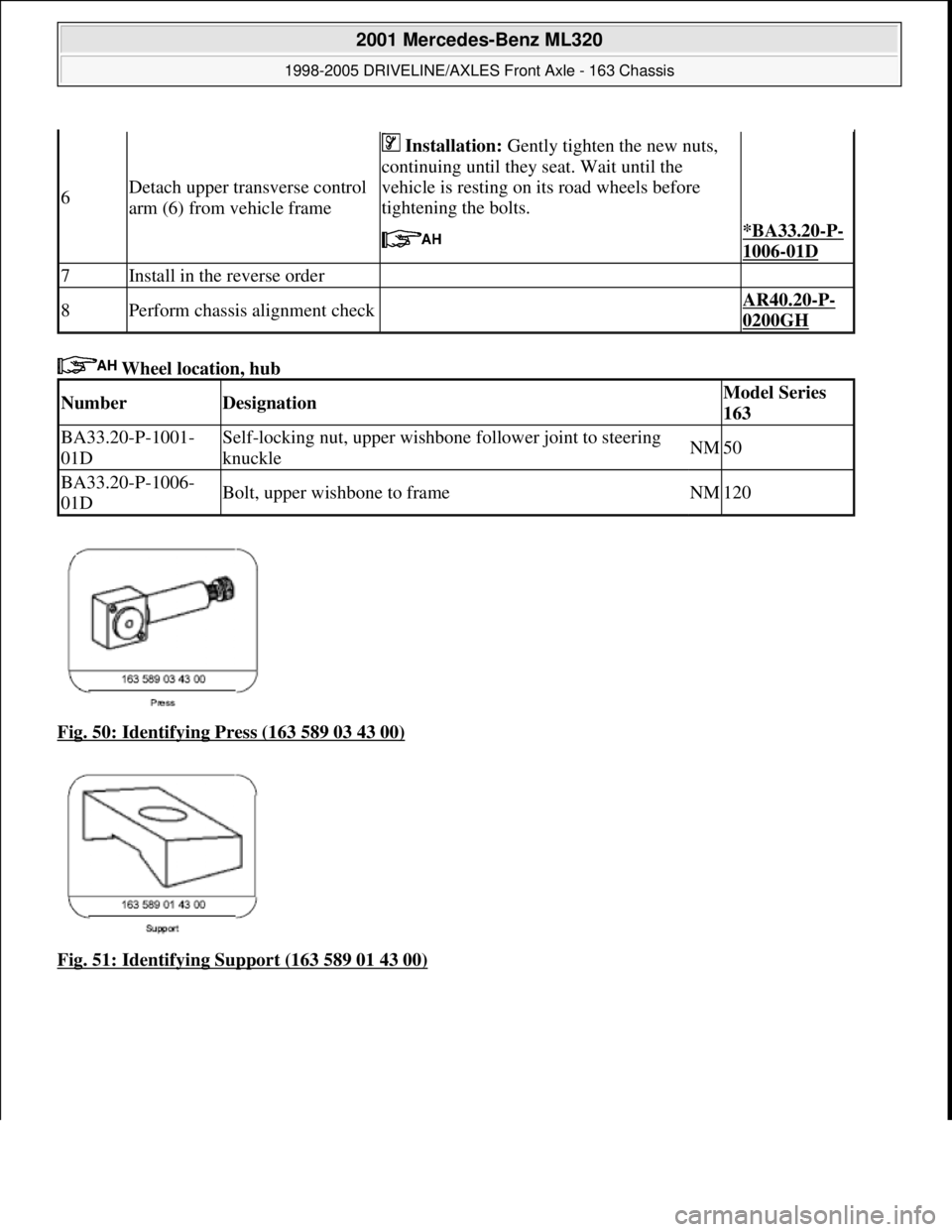 MERCEDES-BENZ ML430 1997  Complete Repair Manual  Wheel location, hub   
Fig. 50: Identifying Press (163 589 03 43 00)
  
Fig. 51: Identifying Support (163 589 01 43 00)
6Detach upper transverse control  
arm (6) from vehicle frame
   Installation: 