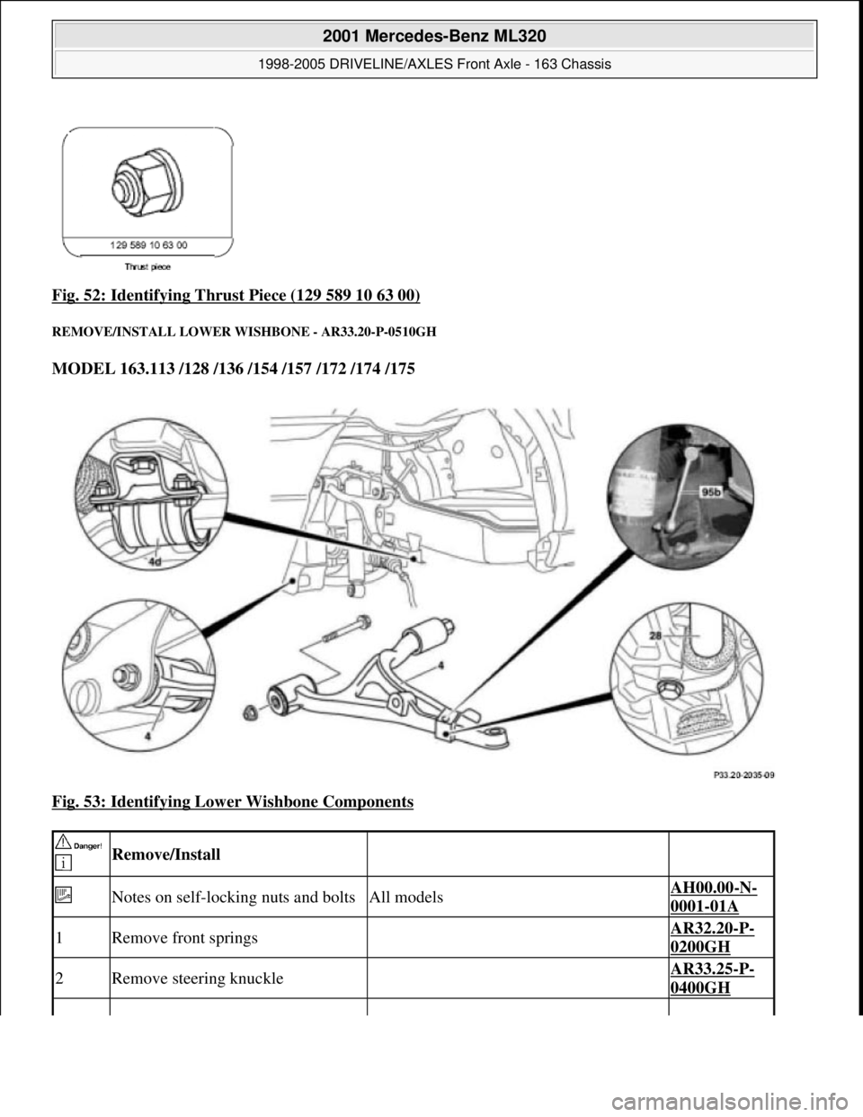 MERCEDES-BENZ ML430 1997  Complete Repair Manual Fig. 52: Identifying Thrust Piece (129 589 10 63 00) 
REMOVE/INSTALL LOWER WI SHBONE - AR33.20-P-0510GH 
MODEL 163.113 /128 /136 /154 /157 /172 /174 /175    
Fig. 53: Identifying Lower Wishbone Compon