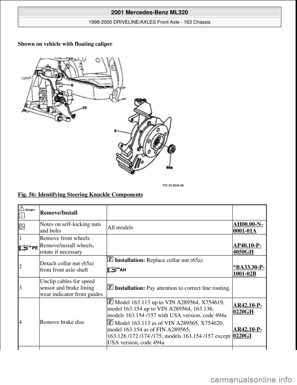 MERCEDES-BENZ ML430 1997  Complete Repair Manual Shown on vehicle with floating caliper  
Fig. 56: Identifying Steering Knuckle Components
 
 
 Remove/Install  
 Notes on self-locking nuts 
and boltsAll modelsAH00.00-N-
0001-01A 
1Remove front wheel