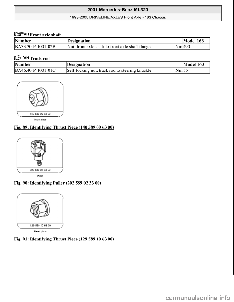 MERCEDES-BENZ ML430 1997  Complete Repair Manual  Front axle shaft   
 Track rod    
Fig. 89: Identifying Thrust Piece (140 589 00 63 00)
  
Fig. 90: Identifying Puller (202 589 02 33 00)
  
Fig. 91: Identifying Thrust Piece (129 589 10 63 00)
Numbe