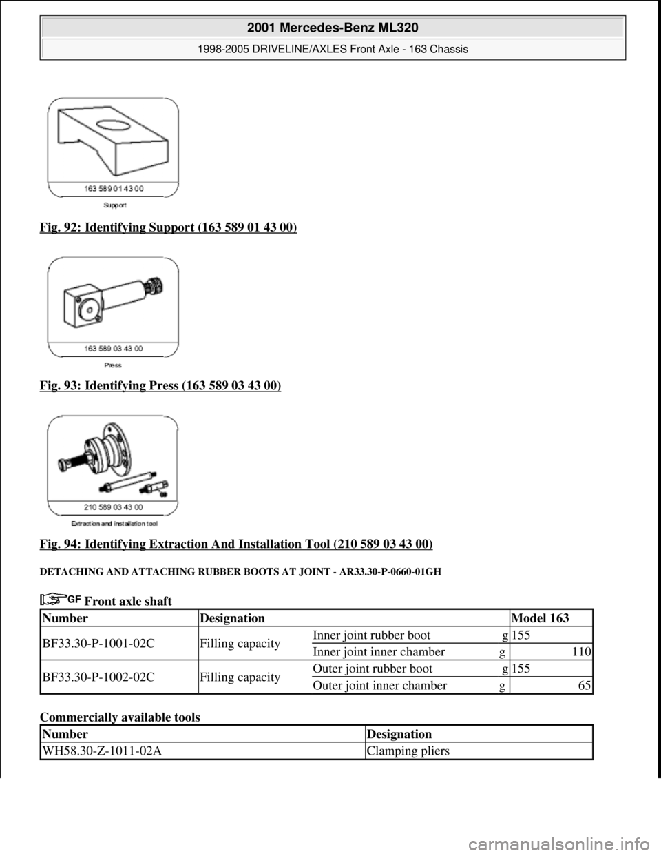 MERCEDES-BENZ ML430 1997  Complete Repair Manual Fig. 92: Identifying Support (163 589 01 43 00)  
Fig. 93: Identifying Press (163 589 03 43 00)
 
Fig. 94: Identifying Extraction A  nd Installation Tool (210 589 03 43 00)
 
DETACHING AND ATTACHING R