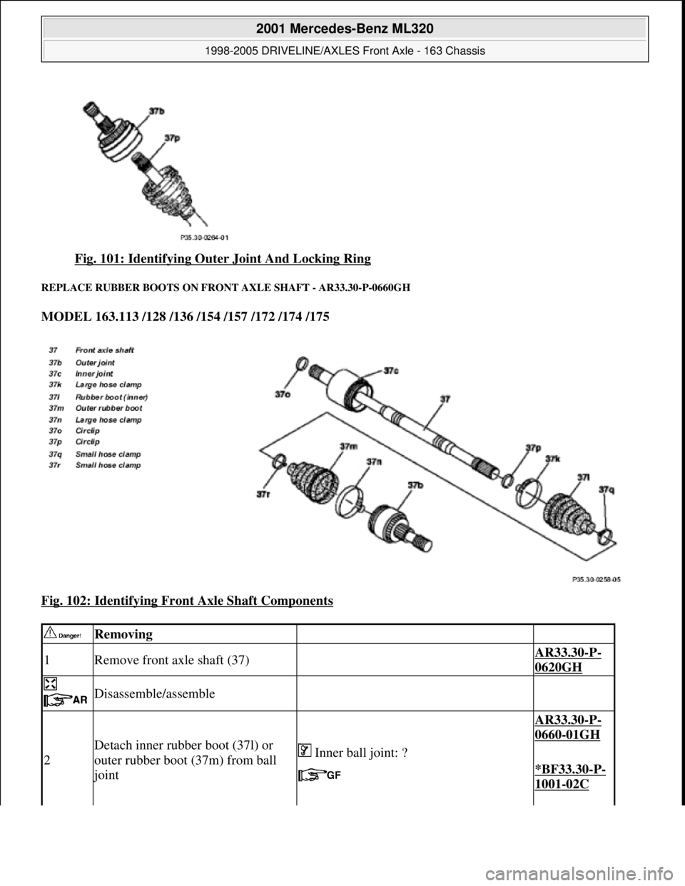 MERCEDES-BENZ ML430 1997  Complete Repair Manual Fig. 101: Identifying Oute r Joint And Locking Ring 
REPLACE RUBBER BOOTS  ON FRONT AXLE SHAFT - AR33.30-P-0660GH 
MODEL 163.113 /128 /136 /154 /157 /172 /174 /175    
Fig. 102: Identifying Fron  t Ax