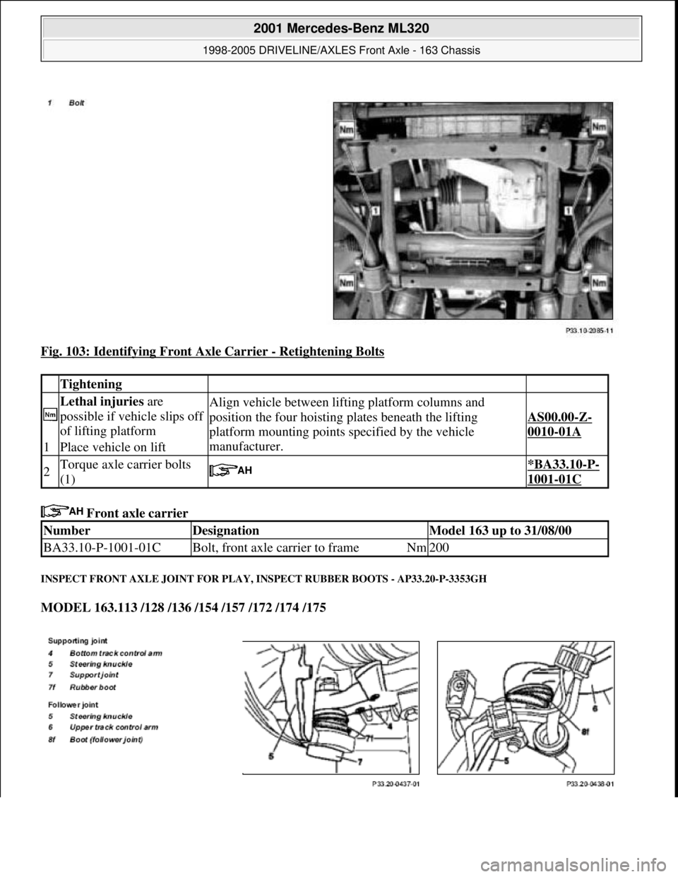 MERCEDES-BENZ ML430 1997  Complete Repair Manual Fig. 103: Identifying Front Axle Carrier - Retightening Bolts 
 Front axle carrier 
INSPECT FRONT AXLE JOINT FOR PLAY, INSPECT RUBBER BOOTS - AP33.20-P-3353GH 
MODEL 163.113 /128 /136 /154 /157 /172 /