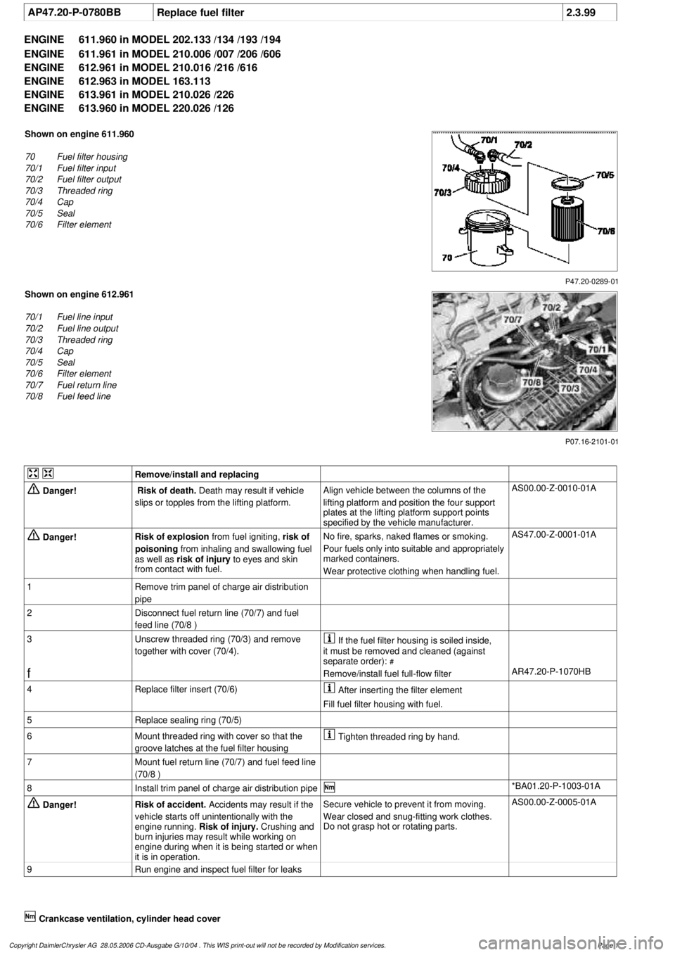 MERCEDES-BENZ ML430 1997  Complete Repair Manual 
 AP47.20-P-0780BB
Replace fuel filter
2.3.99

ENGINE 
611.960 in MODEL 202.133 /134 /193 /194

ENGINE 
 611.961 in MODEL 210.006 /007 /206 /606

ENGINE 
 612.961 in MODEL 210.016 /216 /616

ENGINE 
 