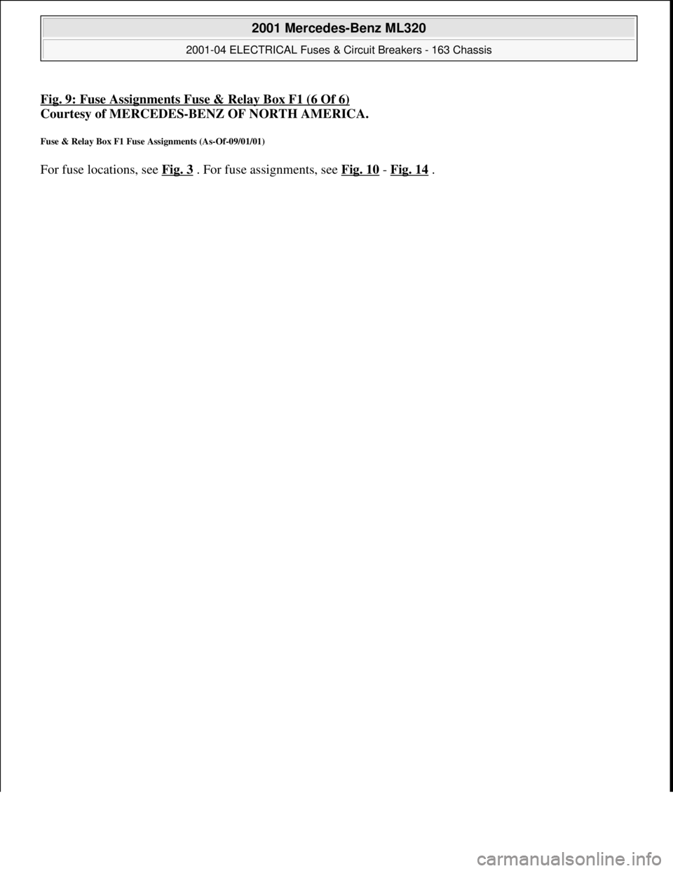 MERCEDES-BENZ ML430 1997  Complete Repair Manual Fig. 9: Fuse Assignments Fuse & Relay Box F1 (6 Of 6)
Courtesy of MERCEDES-BENZ OF NORTH AMERICA. 
Fuse & Relay Box F1 Fuse Assignments (As-Of-09/01/01) 
For fuse locations, see Fig. 3 . For fuse assi