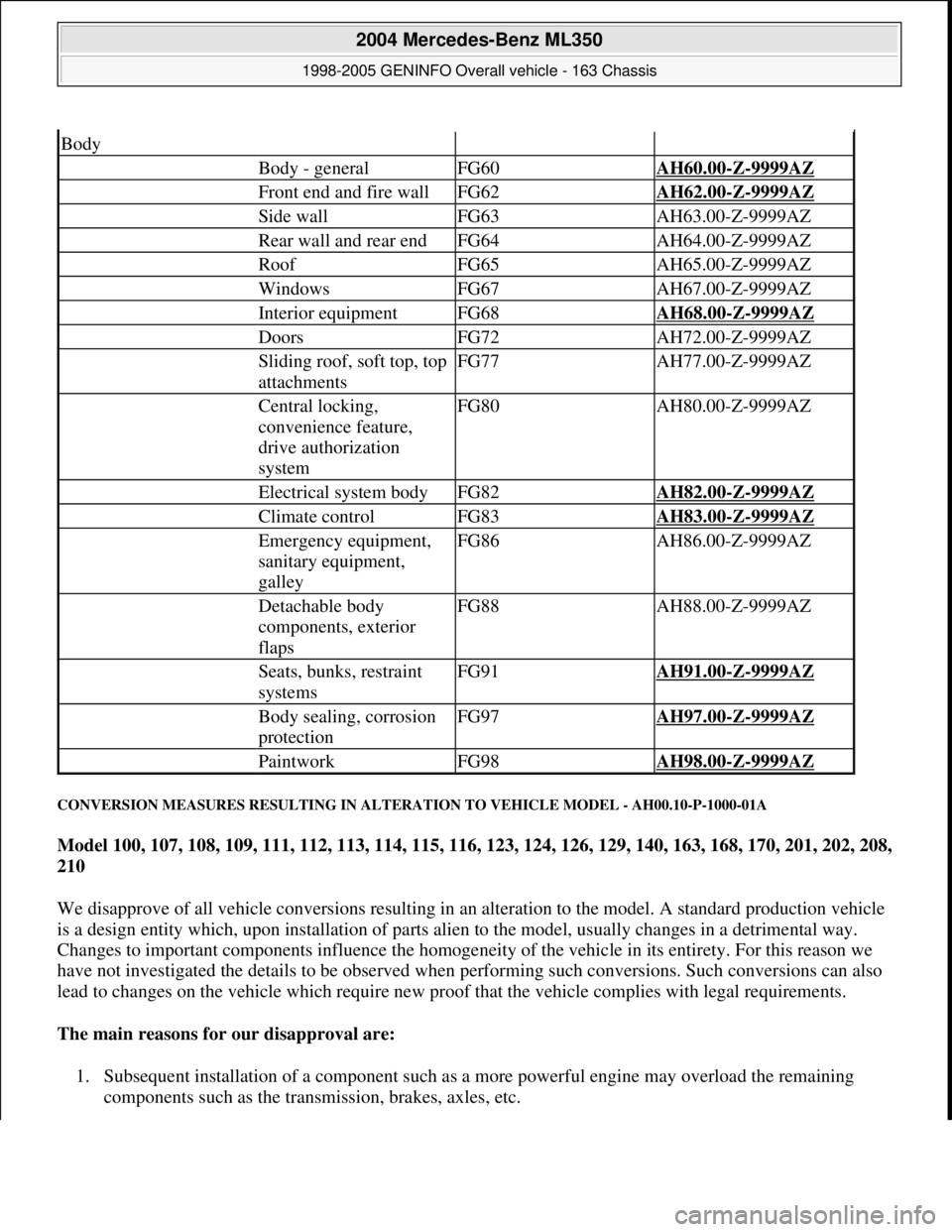 MERCEDES-BENZ ML430 1997 Complete Repair Manual CONVERSION MEASURES RESULTING IN ALTERATION TO VEHICLE MODEL - AH00.10-P-1000-01A
Model 100, 107, 108, 109, 111, 112, 113, 114, 115, 116, 123, 124, 126, 129, 140, 163, 168, 170, 201, 202, 208,
210 MERCEDES-BENZ ML430 1997 Complete Repair Manual CONVERSION MEASURES RESULTING IN ALTERATION TO VEHICLE MODEL - AH00.10-P-1000-01A
Model 100, 107, 108, 109, 111, 112, 113, 114, 115, 116, 123, 124, 126, 129, 140, 163, 168, 170, 201, 202, 208,
210