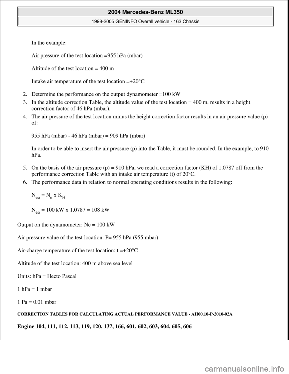 MERCEDES-BENZ ML430 1997 Complete Repair Manual In the example:
Air pressure of the test location =955 hPa (mbar)
Altitude of the test location = 400 m
Intake air temperature of the test location =+20°C
2. Determine the performance on the outp MERCEDES-BENZ ML430 1997 Complete Repair Manual In the example:
Air pressure of the test location =955 hPa (mbar)
Altitude of the test location = 400 m
Intake air temperature of the test location =+20°C
2. Determine the performance on the outp