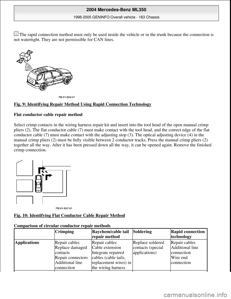MERCEDES-BENZ ML430 1997 Complete Repair Manual The rapid connection method must only be used inside the vehicle or in the trunk because the connection is
not watertight. They are not permissible for CAN lines.
Fig. 9: Identifying Repair Me MERCEDES-BENZ ML430 1997 Complete Repair Manual The rapid connection method must only be used inside the vehicle or in the trunk because the connection is
not watertight. They are not permissible for CAN lines.
Fig. 9: Identifying Repair Me