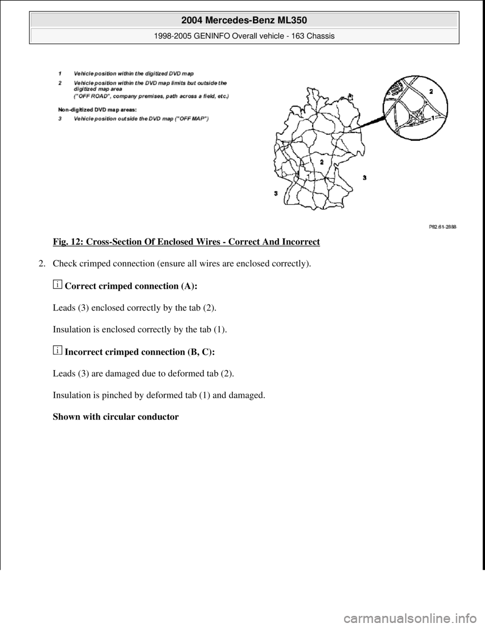 MERCEDES-BENZ ML430 1997 Complete Repair Manual Fig. 12: Cross-Section Of Enclosed Wires - Correct And Incorrect
2. Check crimped connection (ensure all wires are enclosed correctly).
Correct crimped connection (A):
Leads (3) enclosed correctl MERCEDES-BENZ ML430 1997 Complete Repair Manual Fig. 12: Cross-Section Of Enclosed Wires - Correct And Incorrect
2. Check crimped connection (ensure all wires are enclosed correctly).
Correct crimped connection (A):
Leads (3) enclosed correctl