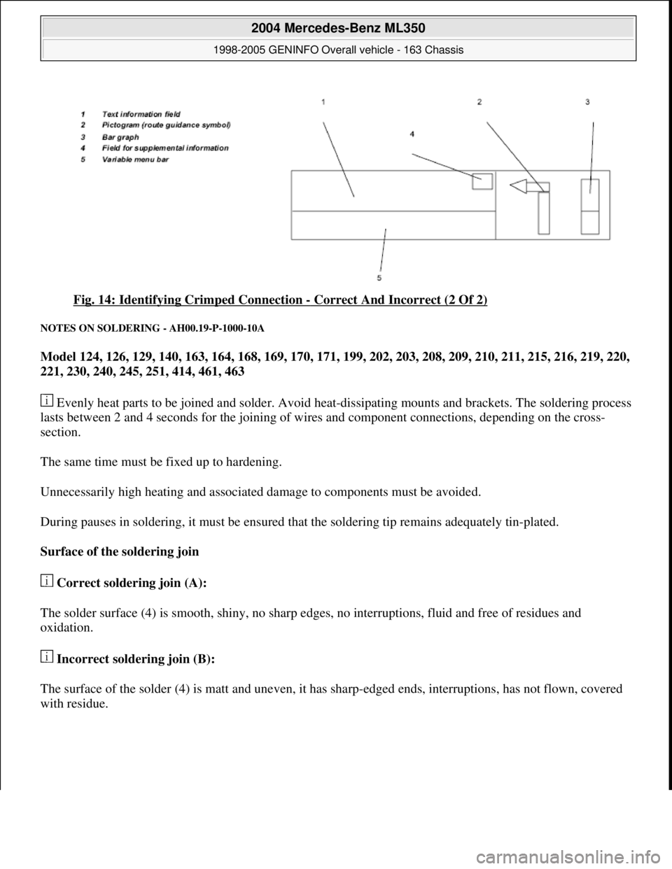 MERCEDES-BENZ ML430 1997 Complete Repair Manual Fig. 14: Identifying Crimped Connection - Correct And Incorrect (2 Of 2)
NOTES ON SOLDERING - AH00.19-P-1000-10A
Model 124, 126, 129, 140, 163, 164, 168, 169, 170, 171, 199, 202, 203, 208, 209, 210, MERCEDES-BENZ ML430 1997 Complete Repair Manual Fig. 14: Identifying Crimped Connection - Correct And Incorrect (2 Of 2)
NOTES ON SOLDERING - AH00.19-P-1000-10A
Model 124, 126, 129, 140, 163, 164, 168, 169, 170, 171, 199, 202, 203, 208, 209, 210,