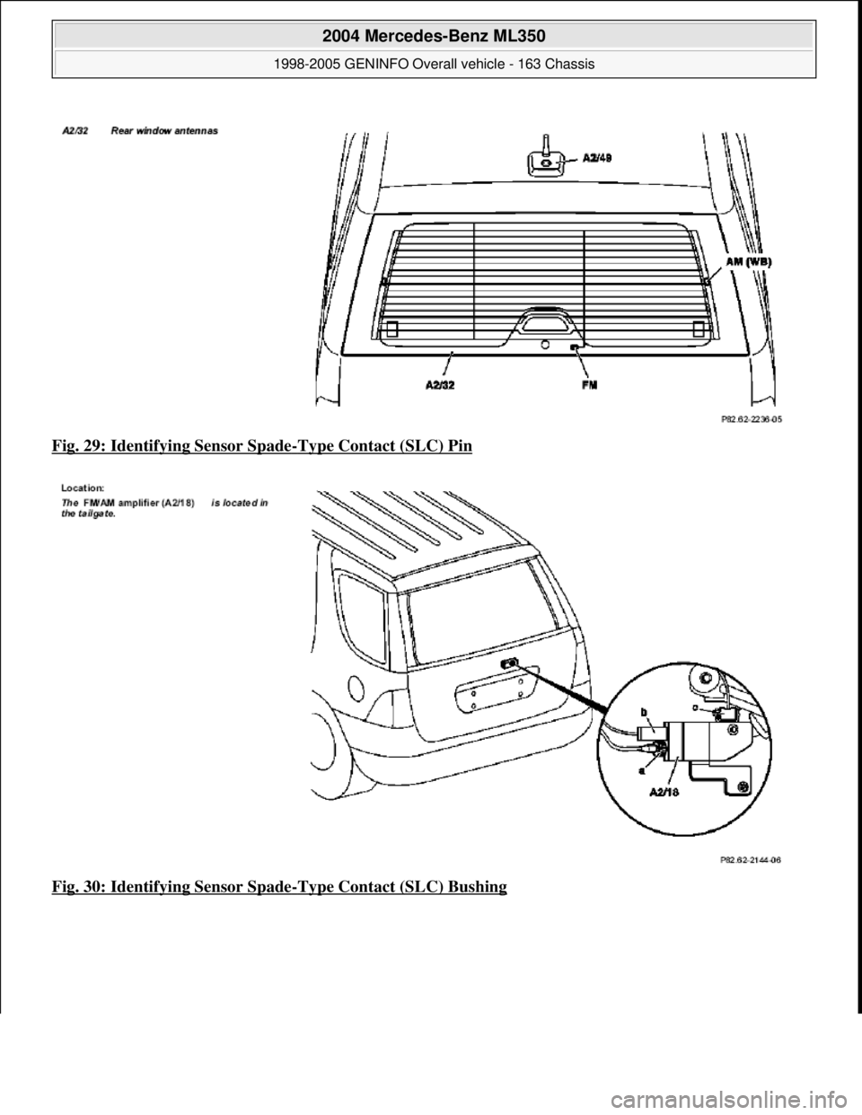 MERCEDES-BENZ ML430 1997  Complete Repair Manual Fig. 29: Identifying Sensor Spade-Type Contact (SLC) Pin  
Fig. 30: Identifying Sensor Spade
-Type Contact (SLC) Bushing
 
2004 Mercedes-Benz ML350 
1998-2005 GENINFO Overall vehicle - 163 Chassis  
m