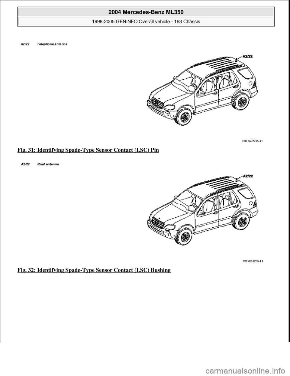 MERCEDES-BENZ ML430 1997  Complete Repair Manual Fig. 31: Identifying Spade-Type Sensor Contact (LSC) Pin  
Fig. 32: Identifying Spade
-Type Sensor Contact (LSC) Bushing
 
2004 Mercedes-Benz ML350 
1998-2005 GENINFO Overall vehicle - 163 Chassis  
m