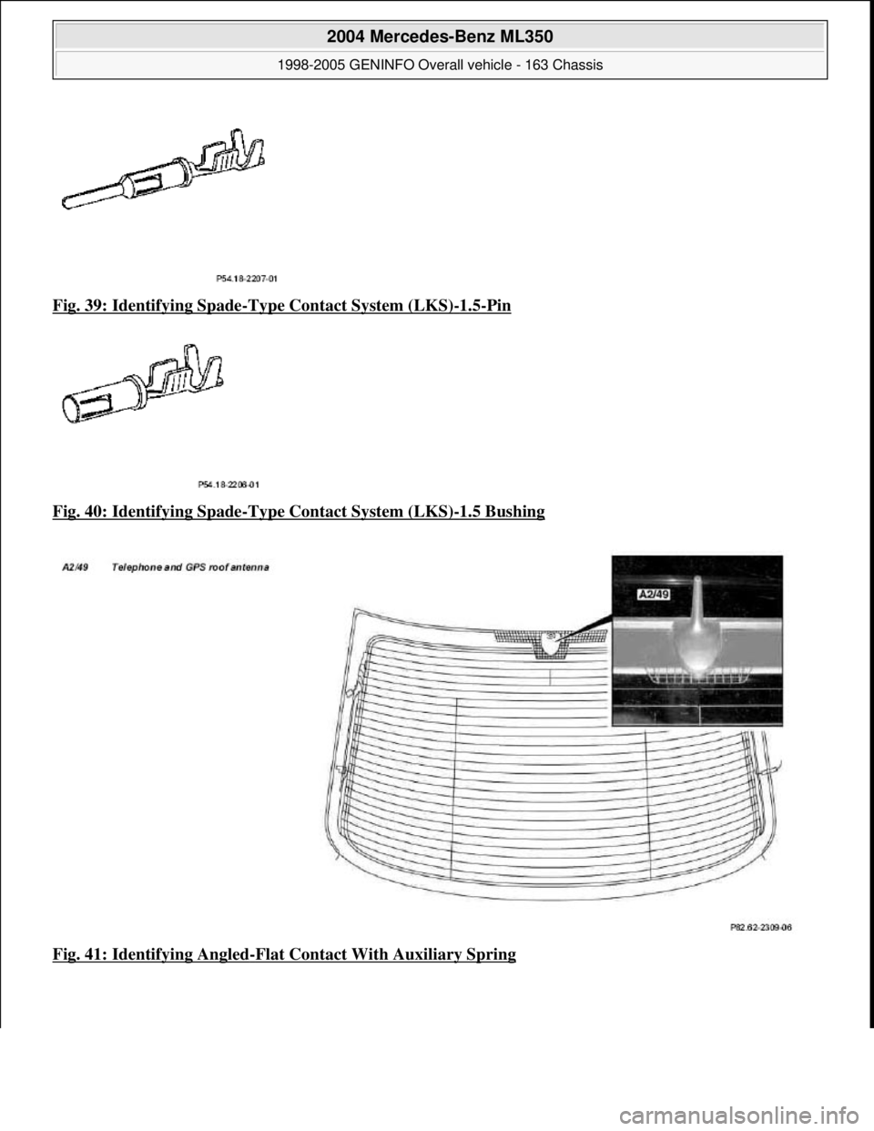 MERCEDES-BENZ ML430 1997  Complete Repair Manual Fig. 39: Identifying Spade-Type Contact System (LKS)-1.5-Pin  
Fig. 40: Identifying Spade
-Type Contact System (LKS)-1.5 Bushing  
Fig. 41: Identifying Angled
-Flat Contact With Auxiliary Spring
 
200