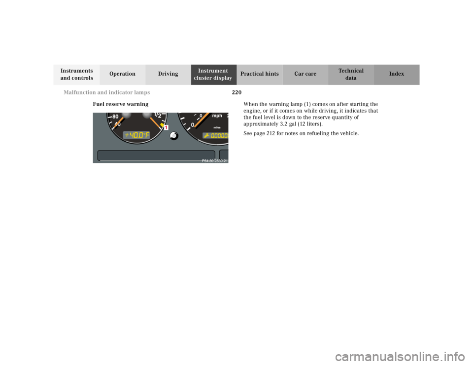 MERCEDES-BENZ ML430 1997  Complete Repair Manual 220 Malfunction and indicator lamps
Te ch n ica l
data Instruments 
and controlsOperation DrivingInstrument 
cluster displayPractical hints Car care Index
Fuel reserve warningWhen the warning lamp (1)