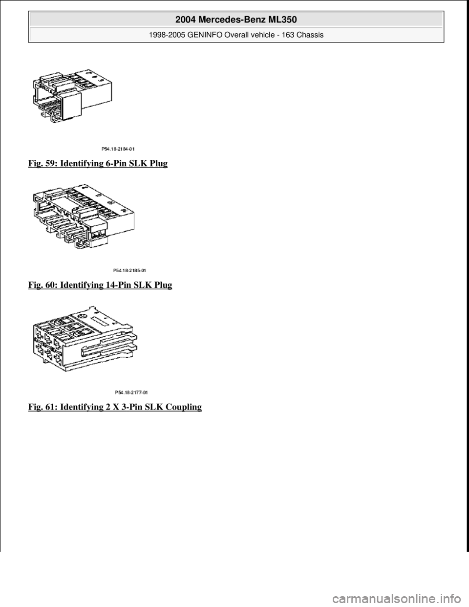 MERCEDES-BENZ ML430 1997  Complete Repair Manual Fig. 59: Identifying 6-Pin SLK Plug  
Fig. 60: Identifying 14
-Pin SLK Plug  
Fig. 61: Identifying 2 X 3
-Pin SLK Coupling
 
2004 Mercedes-Benz ML350 
1998-2005 GENINFO Overall vehicle - 163 Chassis  
