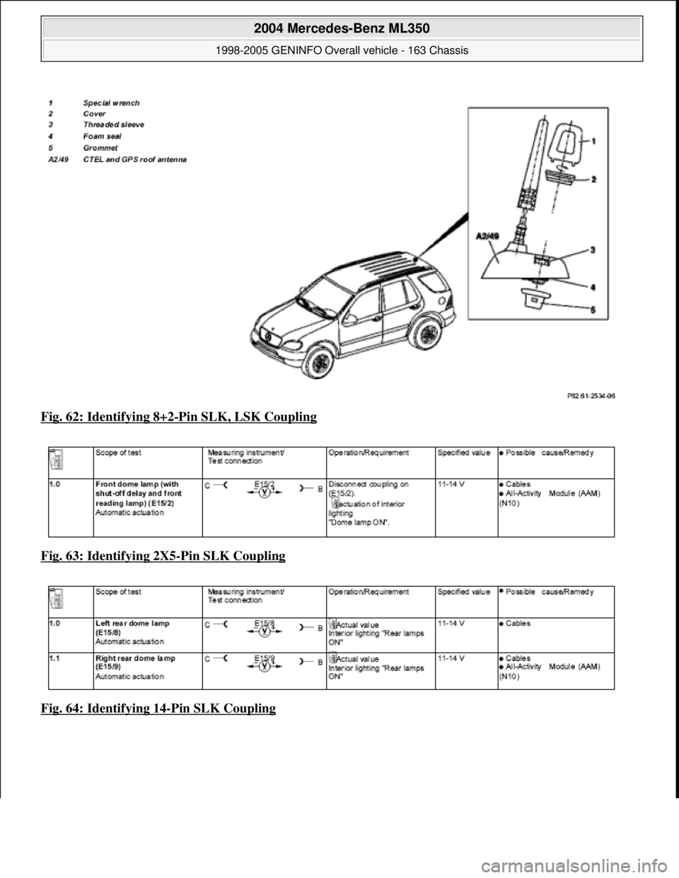 MERCEDES-BENZ ML430 1997  Complete Repair Manual Fig. 62: Identifying 8+2-Pin SLK, LSK Coupling  
Fig. 63: Identifying 2X5
-Pin SLK Coupling  
Fig. 64: Identifying 14
-Pin SLK Coupling
 
2004 Mercedes-Benz ML350 
1998-2005 GENINFO Overall vehicle - 