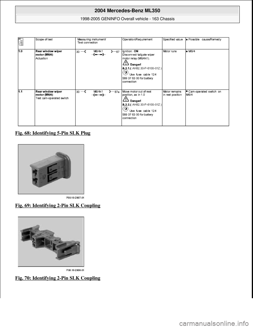 MERCEDES-BENZ ML430 1997  Complete Repair Manual Fig. 68: Identifying 5-Pin SLK Plug  
Fig. 69: Identifying 2
-Pin SLK Coupling 
Fig. 70: Identifying 2
-Pin SLK Coupling 
 
2004 Mercedes-Benz ML350 
1998-2005 GENINFO Overall vehicle - 163 Chassis  
