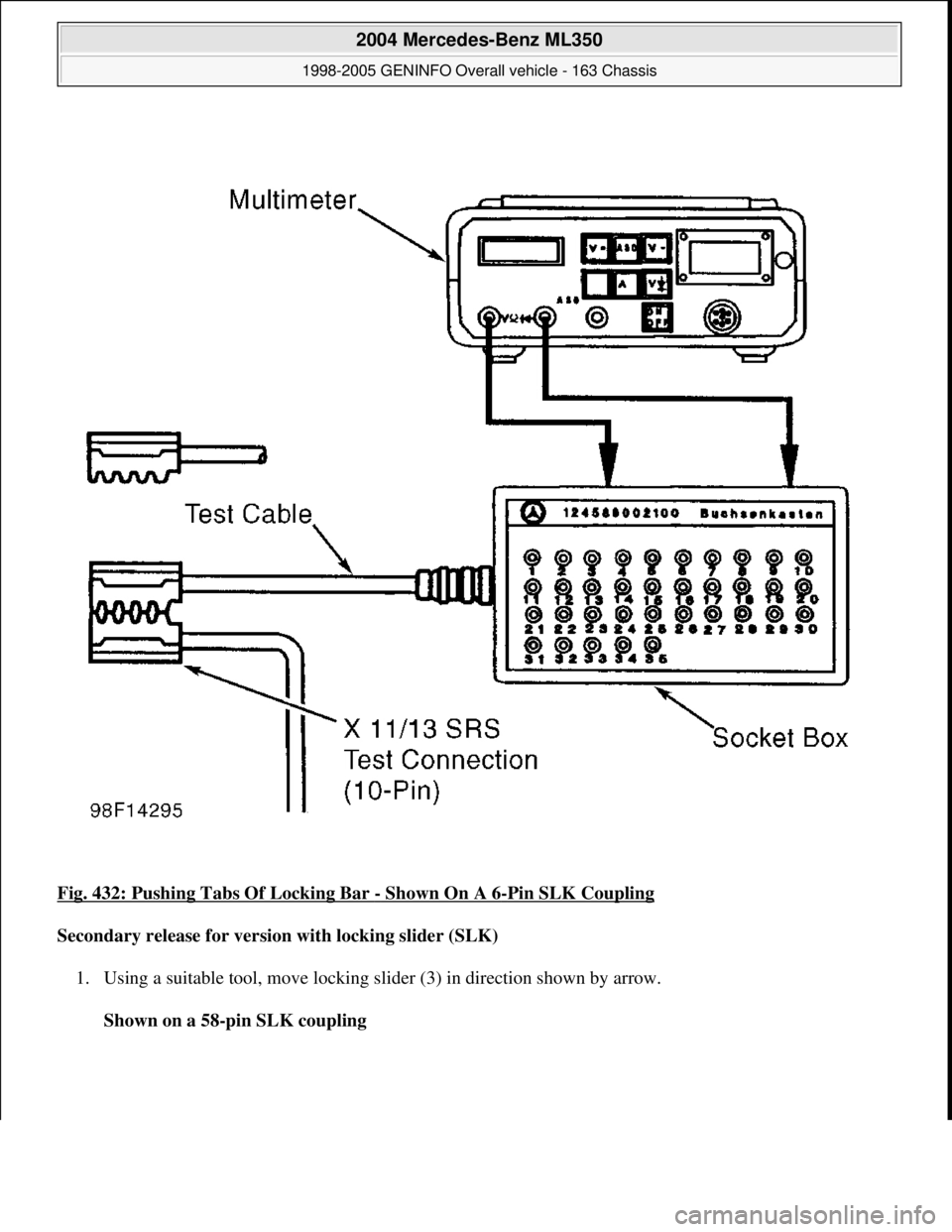 MERCEDES-BENZ ML430 1997  Complete Repair Manual Fig. 432: Pushing Tabs Of Locking Bar - Shown On A 6-Pin SLK Coupling 
Secondary release for version with locking slider (SLK)  
1. Using a suitable tool, move locking slider (3) in direction shown by