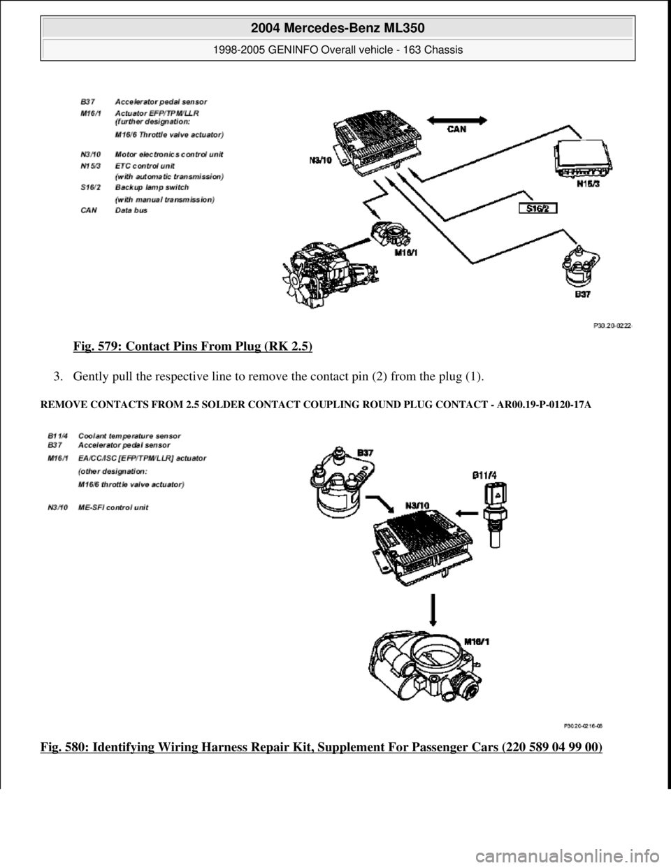 MERCEDES-BENZ ML430 1997  Complete Repair Manual Fig. 579: Contact Pins From Plug (RK 2.5) 
3. Gently pull the respective line to remove the contact pin (2) from the plug (1).  
REMOVE CONTACTS FROM 2.5 SOLDER CONTACT COUPLING ROUND PLUG CONTACT - A
