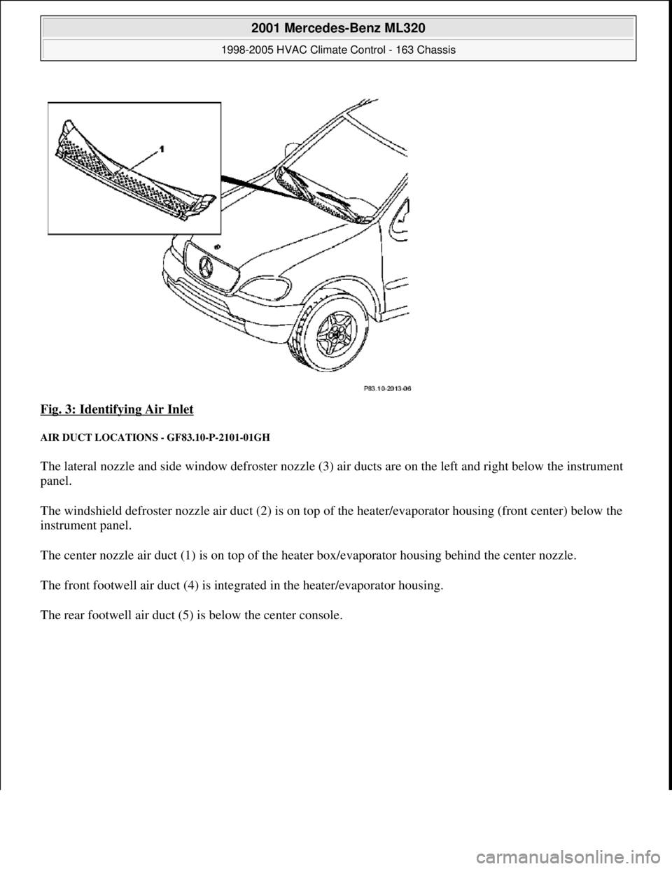 MERCEDES-BENZ ML430 1997  Complete Repair Manual Fig. 3: Identifying Air Inlet 
AIR DUCT LOCATIONS - GF83.10-P-2101-01GH 
The lateral nozzle and side window defroster nozzle (3) air ducts are on the left and right below the instrument 
panel. 
The w