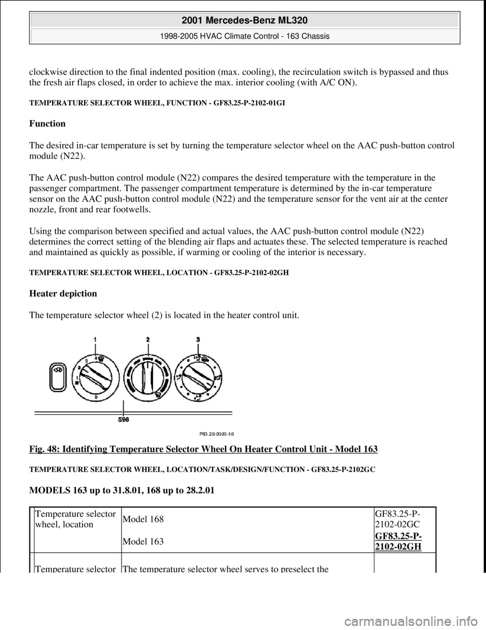 MERCEDES-BENZ ML430 1997  Complete Repair Manual clockwise direction to the final indented position (max. cooling), the recirculation switch is bypassed and thus 
the fresh air flaps closed, in order to achieve the max. interior cooling (with A/C ON