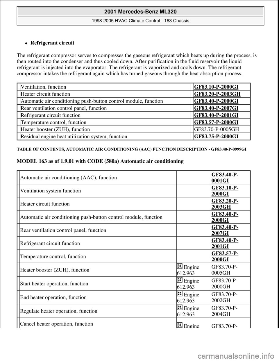 MERCEDES-BENZ ML430 1997 Complete Repair Manual Refrigerant circuit
The refrigerant compressor serves to compresses the gaseous refrigerant which heats up during the process, is
then routed into the condenser and thus cooled down. After purif MERCEDES-BENZ ML430 1997 Complete Repair Manual Refrigerant circuit
The refrigerant compressor serves to compresses the gaseous refrigerant which heats up during the process, is
then routed into the condenser and thus cooled down. After purif