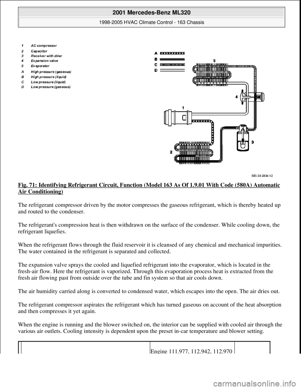 MERCEDES-BENZ ML430 1997 Complete Repair Manual Fig. 71: Identifying Refrigerant Circuit, Function (Model 163 As Of 1.9.01 With Code (580A) Automatic
Air Conditioning)
The refrigerant compressor driven by the motor compresses the gaseous refriger MERCEDES-BENZ ML430 1997 Complete Repair Manual Fig. 71: Identifying Refrigerant Circuit, Function (Model 163 As Of 1.9.01 With Code (580A) Automatic
Air Conditioning)
The refrigerant compressor driven by the motor compresses the gaseous refriger