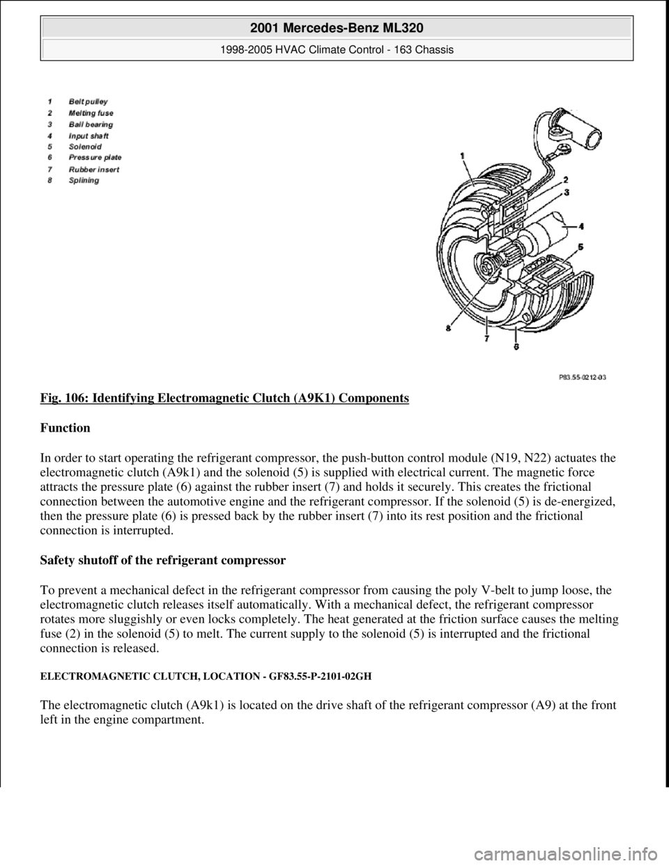 MERCEDES-BENZ ML430 1997 Complete Repair Manual Fig. 106: Identifying Electromagnetic Clutch (A9K1) Components
Function
In order to start operating the refrigerant compressor, the push-button control module (N19, N22) actuates the
electromagnet MERCEDES-BENZ ML430 1997 Complete Repair Manual Fig. 106: Identifying Electromagnetic Clutch (A9K1) Components
Function
In order to start operating the refrigerant compressor, the push-button control module (N19, N22) actuates the
electromagnet