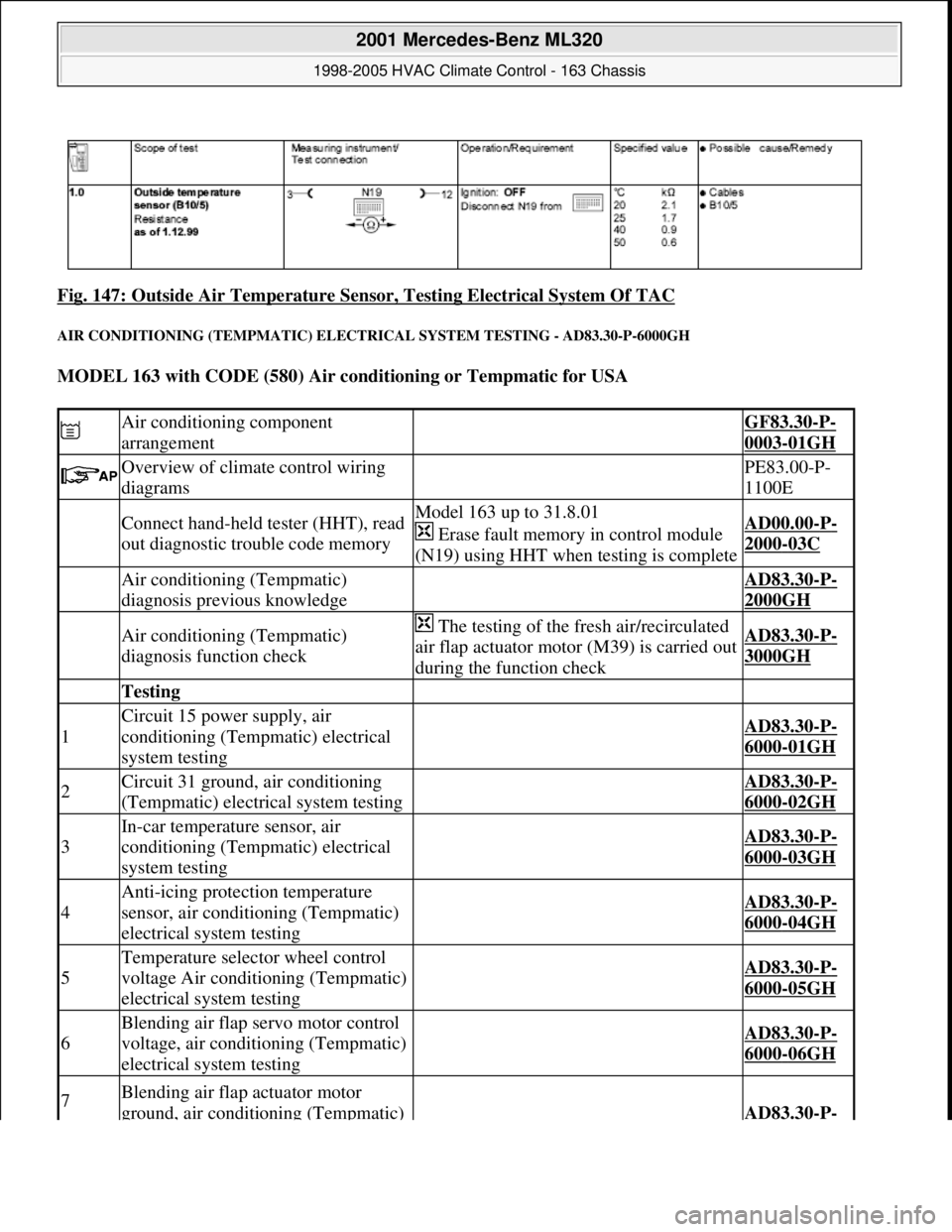 MERCEDES-BENZ ML430 1997 Complete Repair Manual Fig. 147: Outside Air Temperature Sensor, Testing Electrical System Of TAC
AIR CONDITIONING (TEMPMATIC) ELECTRICAL SYSTEM TESTING - AD83.30-P-6000GH
MODEL 163 with CODE (580) Air conditioning or Tem MERCEDES-BENZ ML430 1997 Complete Repair Manual Fig. 147: Outside Air Temperature Sensor, Testing Electrical System Of TAC
AIR CONDITIONING (TEMPMATIC) ELECTRICAL SYSTEM TESTING - AD83.30-P-6000GH
MODEL 163 with CODE (580) Air conditioning or Tem