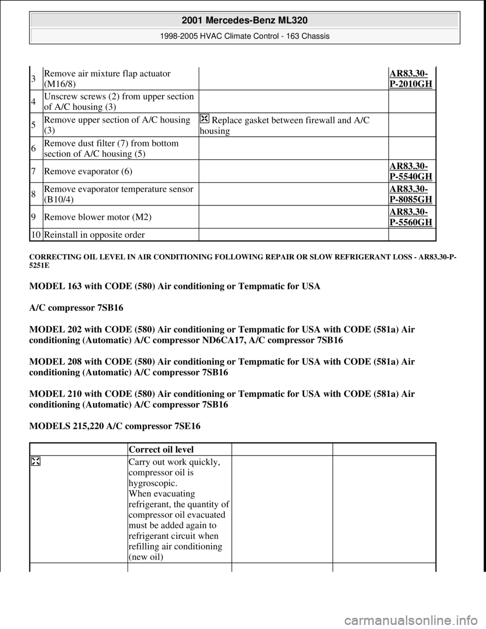 MERCEDES-BENZ ML430 1997 Complete Repair Manual CORRECTING OIL LEVEL IN AIR CONDITIONING FOLLOWING REPAIR OR SLOW REFRIGERANT LOSS - AR83.30-P-
5251E
MODEL 163 with CODE (580) Air conditioning or Tempmatic for USA
A/C compressor 7SB16
MODEL 20 MERCEDES-BENZ ML430 1997 Complete Repair Manual CORRECTING OIL LEVEL IN AIR CONDITIONING FOLLOWING REPAIR OR SLOW REFRIGERANT LOSS - AR83.30-P-
5251E
MODEL 163 with CODE (580) Air conditioning or Tempmatic for USA
A/C compressor 7SB16
MODEL 20