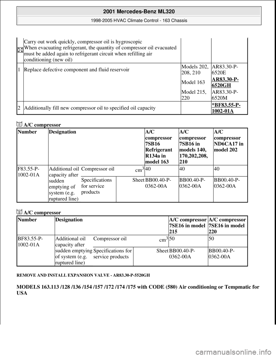 MERCEDES-BENZ ML430 1997 Complete Repair Manual A/C compressor
A/C compressor
REMOVE AND INSTALL EXPANSION VALVE - AR83.30-P-5520GH
MODELS 163.113 /128 /136 /154 /157 /172 /174 /175 with CODE (580) Air conditioning or Tempmatic for
USA
Ca MERCEDES-BENZ ML430 1997 Complete Repair Manual A/C compressor
A/C compressor
REMOVE AND INSTALL EXPANSION VALVE - AR83.30-P-5520GH
MODELS 163.113 /128 /136 /154 /157 /172 /174 /175 with CODE (580) Air conditioning or Tempmatic for
USA
Ca