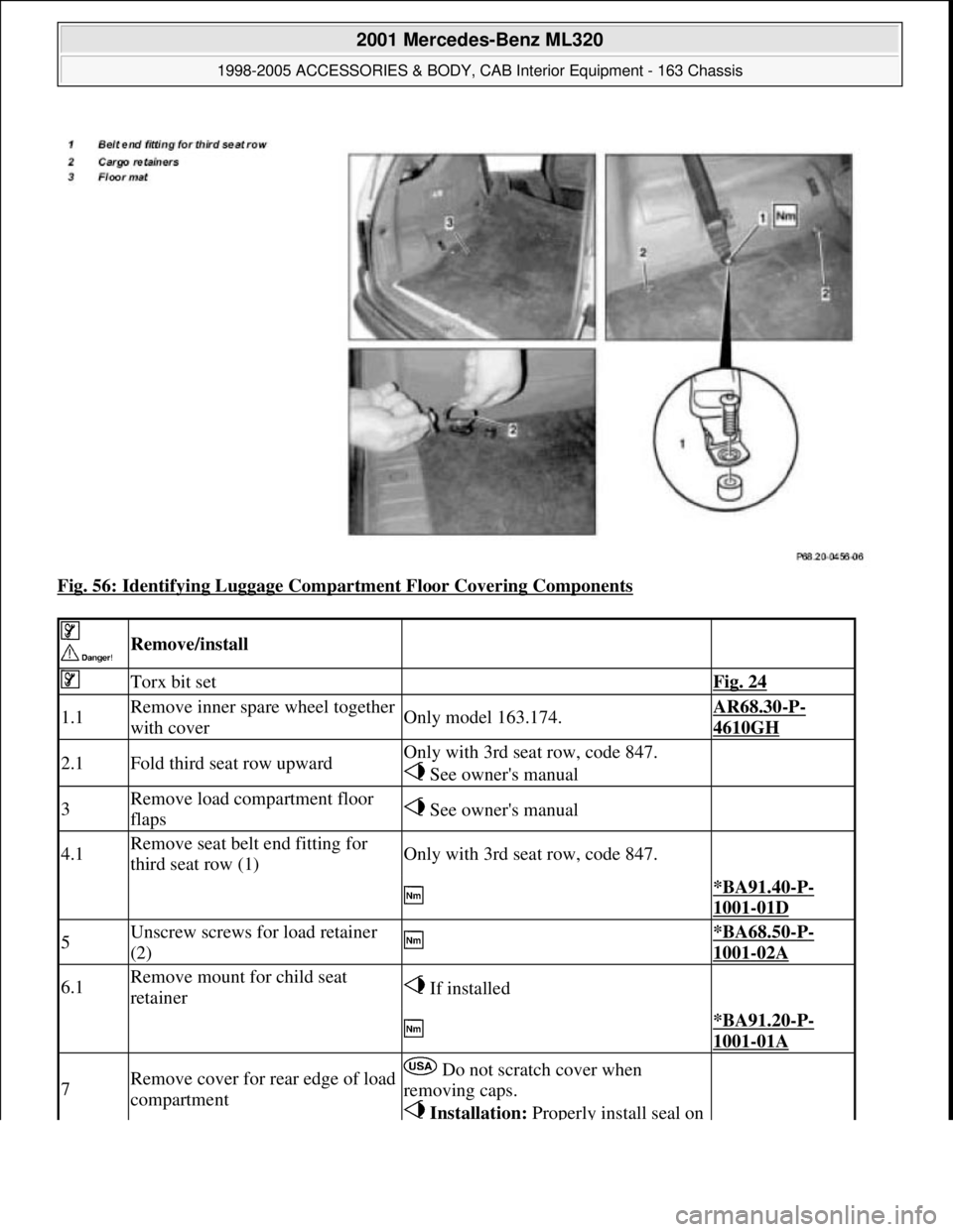 MERCEDES-BENZ ML430 1997  Complete Repair Manual Fig. 56: Identifying Luggage Compartment Floor Covering Components 
 
 Remove/install  
 Torx bit set Fig. 24
1.1Remove inner spare wheel together 
with coverOnly model 163.174.AR68.30-P-
4610GH
2.1Fo