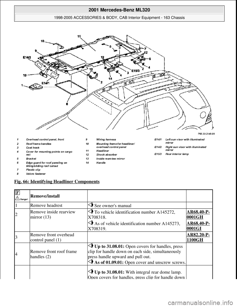 MERCEDES-BENZ ML430 1997  Complete Repair Manual Fig. 66: Identifying Headliner Components 
 
 Remove/install  
1Remove headrest See owners manual 
2Remove inside rearview 
mirror (13) To vehicle identification number A145272, 
X708318.AR68.40-P-
0