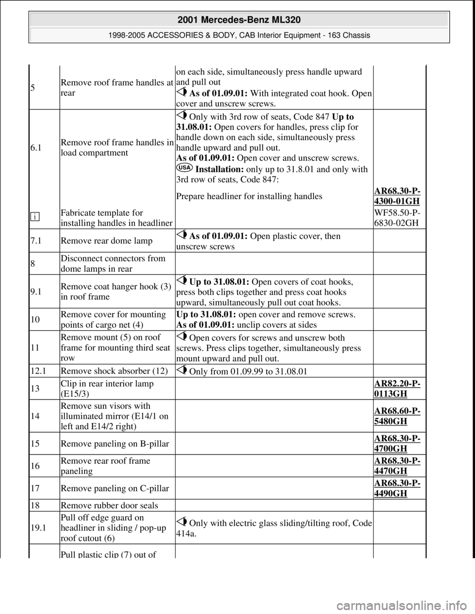 MERCEDES-BENZ ML430 1997  Complete Repair Manual 5Remove roof frame handles at 
rear
on each side, simultaneously press handle upward 
and pull out 
 As of 01.09.01:With integrated coat hook. Open 
cover and unscrew screws.
 
6.1Remove roof frame ha