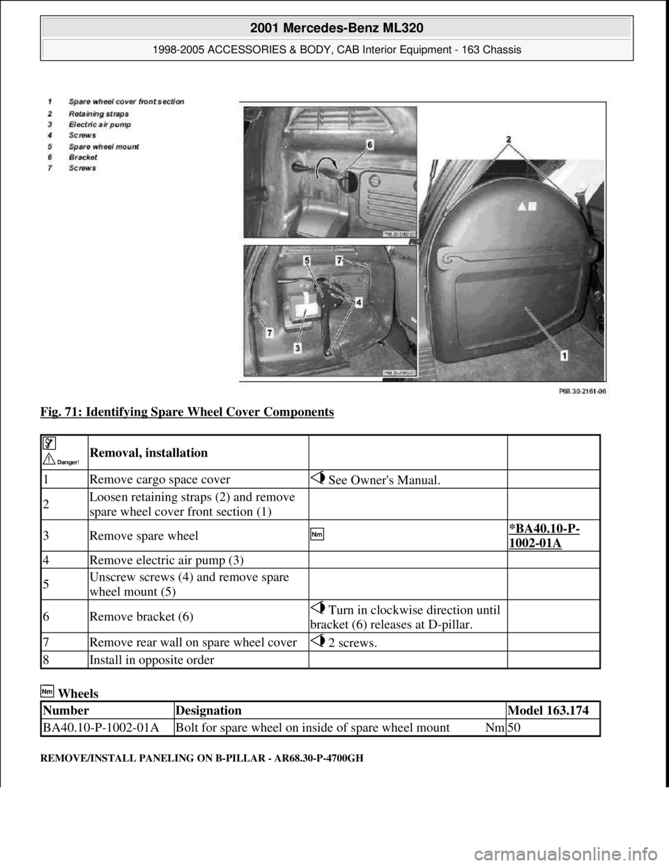 MERCEDES-BENZ ML430 1997  Complete Repair Manual Fig. 71: Identifying Spare Wheel Cover Components 
 Wheels 
REMOVE/INSTALL PANELING ON B-PILLAR - AR68.30-P-4700GH
 
 Removal, installation  
1Remove cargo space cover See Owners Manual. 
2Loosen ret