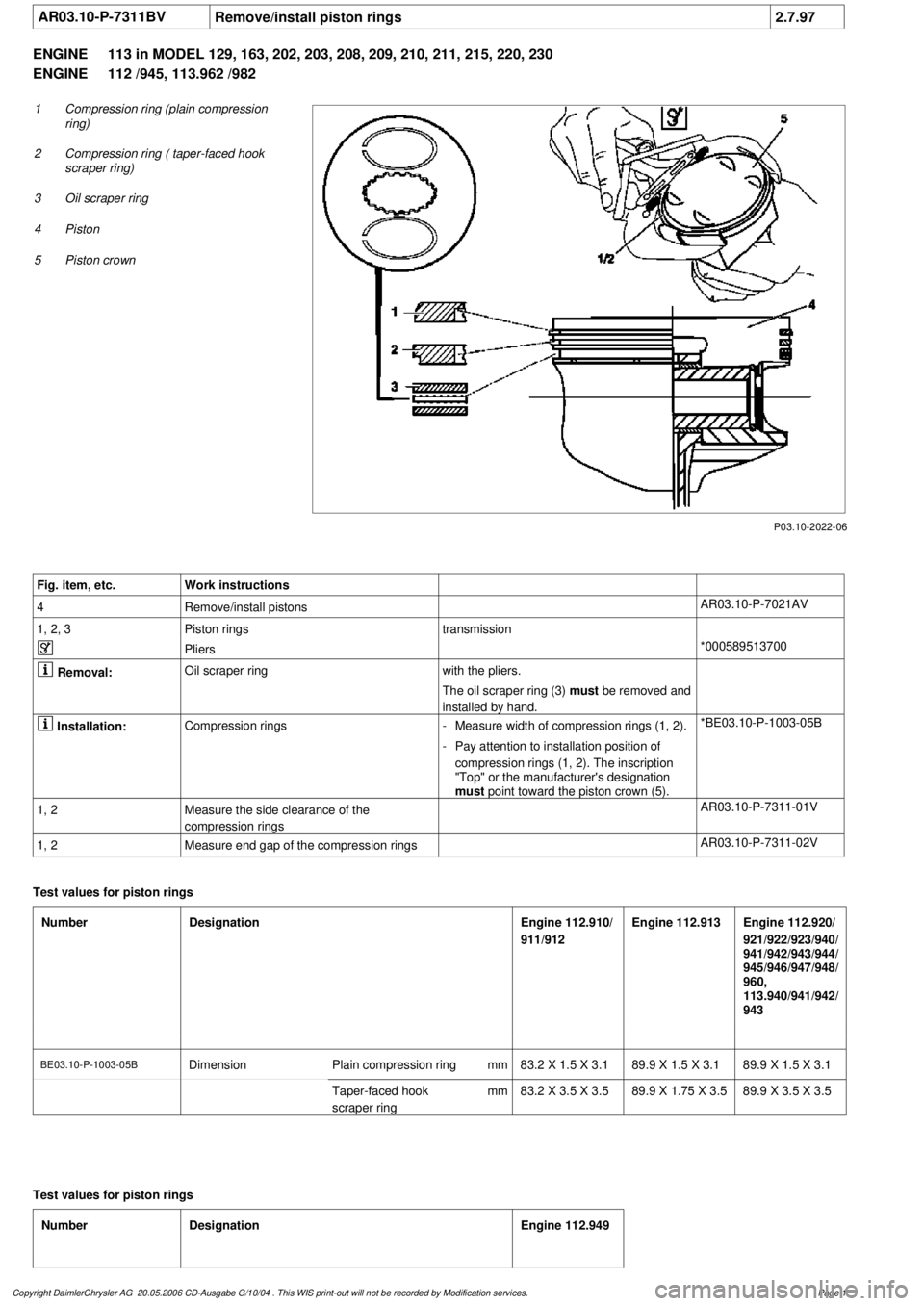 MERCEDES-BENZ ML430 1997 Complete Repair Manual
AR03.10-P-7311BV
Remove/install piston rings
2.7.97
ENGINE
113 in MODEL 129, 163, 202, 203, 208, 209, 210, 211, 215, 220, 230
ENGINE
112 /945, 113.962 /982
P03.10-2022-06
1
Compression ring ( MERCEDES-BENZ ML430 1997 Complete Repair Manual
AR03.10-P-7311BV
Remove/install piston rings
2.7.97
ENGINE
113 in MODEL 129, 163, 202, 203, 208, 209, 210, 211, 215, 220, 230
ENGINE
112 /945, 113.962 /982
P03.10-2022-06
1
Compression ring (