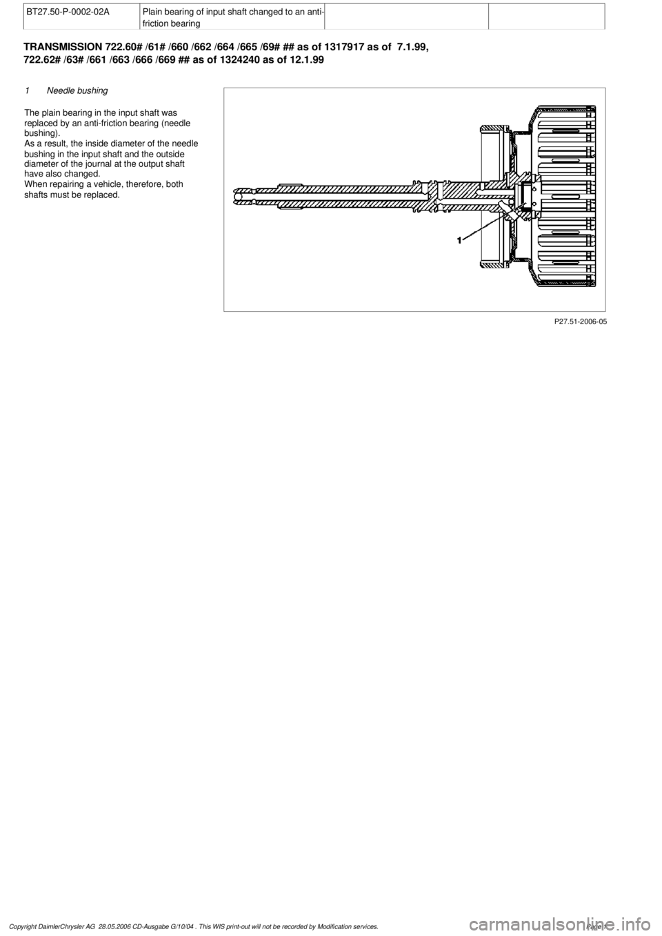 MERCEDES-BENZ ML430 1997 Complete Repair Manual
BT27.50-P-0002-02A
Plain bearing of input shaft changed to an anti-
friction bearing
TRANSMISSION
722.60# /61# /660 /662 /664 /665 /69# ## as of 1317917 as of 7.1.99,
722.62# /63# /661 /663 /6 MERCEDES-BENZ ML430 1997 Complete Repair Manual
BT27.50-P-0002-02A
Plain bearing of input shaft changed to an anti-
friction bearing
TRANSMISSION
722.60# /61# /660 /662 /664 /665 /69# ## as of 1317917 as of 7.1.99,
722.62# /63# /661 /663 /6