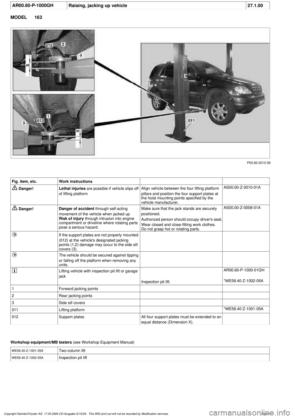 MERCEDES-BENZ ML430 1997 Complete Repair Manual
AR00.60-P-1000GH
Raising, jacking up vehicle
27.1.00
MODEL
163
P00.60-2013-09
Fig. item, etc.
Work instructions
Danger!
Lethal injuries
are possible if vehicle slips off
of lifting plat MERCEDES-BENZ ML430 1997 Complete Repair Manual
AR00.60-P-1000GH
Raising, jacking up vehicle
27.1.00
MODEL
163
P00.60-2013-09
Fig. item, etc.
Work instructions
Danger!
Lethal injuries
are possible if vehicle slips off
of lifting plat